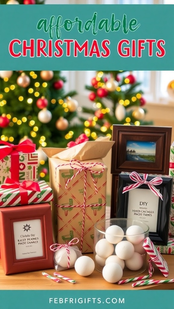 Affordable Christmas Gift Ideas A collection of affordable Christmas gifts including candles, photo frames, and bath bombs on a festive table.